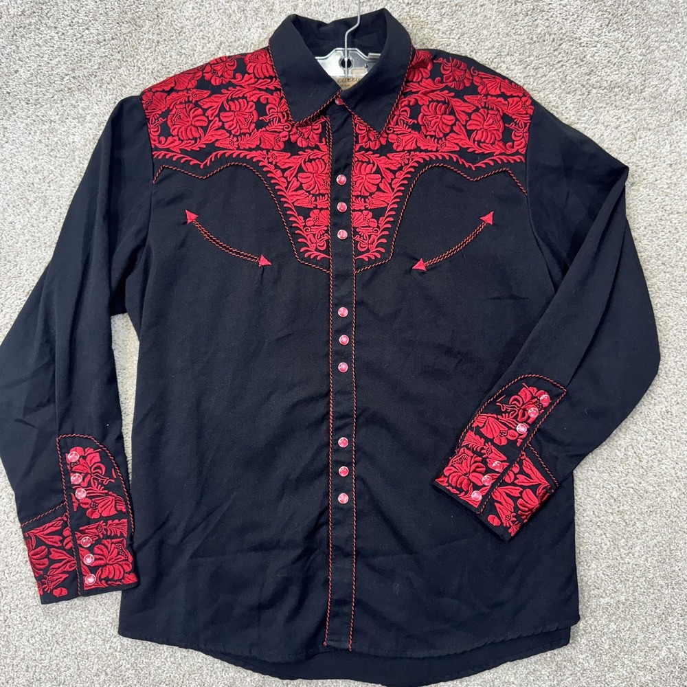 Scully Shirt Mens L P-634 Black Red Floral Embroidered Western Snap EUC